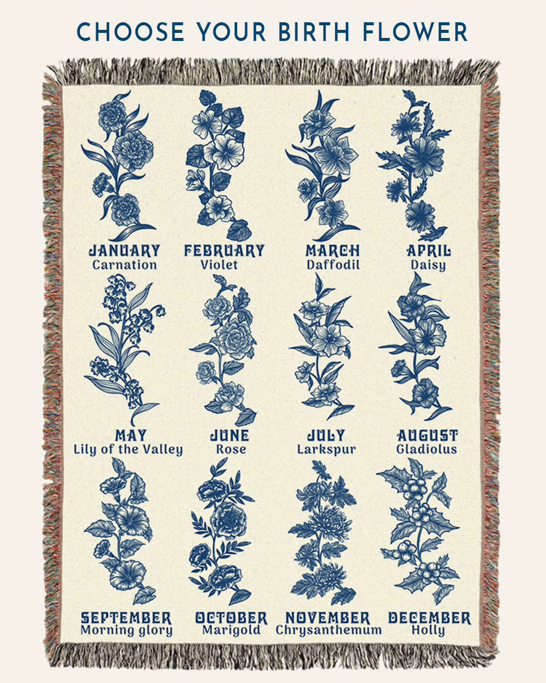 Vintage Blue Toile Book & Birth Flower For Readers - Personalized Woven Blanket