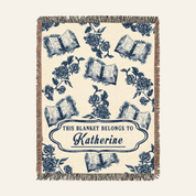 Vintage Blue Toile Book & Birth Flower For Readers - Personalized Woven Blanket