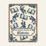 Vintage Blue Toile Book & Birth Flower For Readers - Personalized Woven Blanket