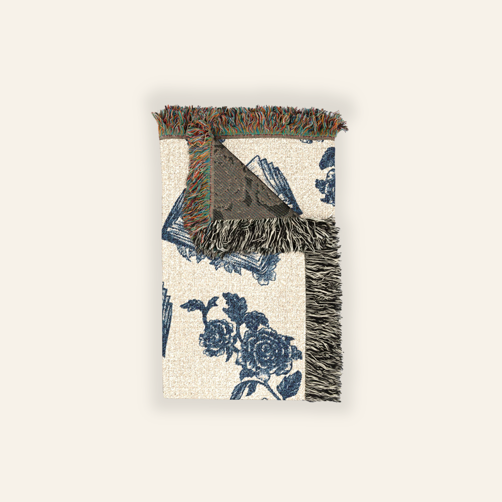 Vintage Blue Toile Book & Birth Flower For Readers - Personalized Woven Blanket