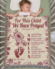 For This Child We Have Prayed Baby Footprints & Birth Flower Keepsake - Personalized Woven Blanket