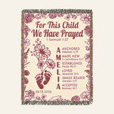 For This Child We Have Prayed Baby Footprints & Birth Flower Keepsake - Personalized Woven Blanket