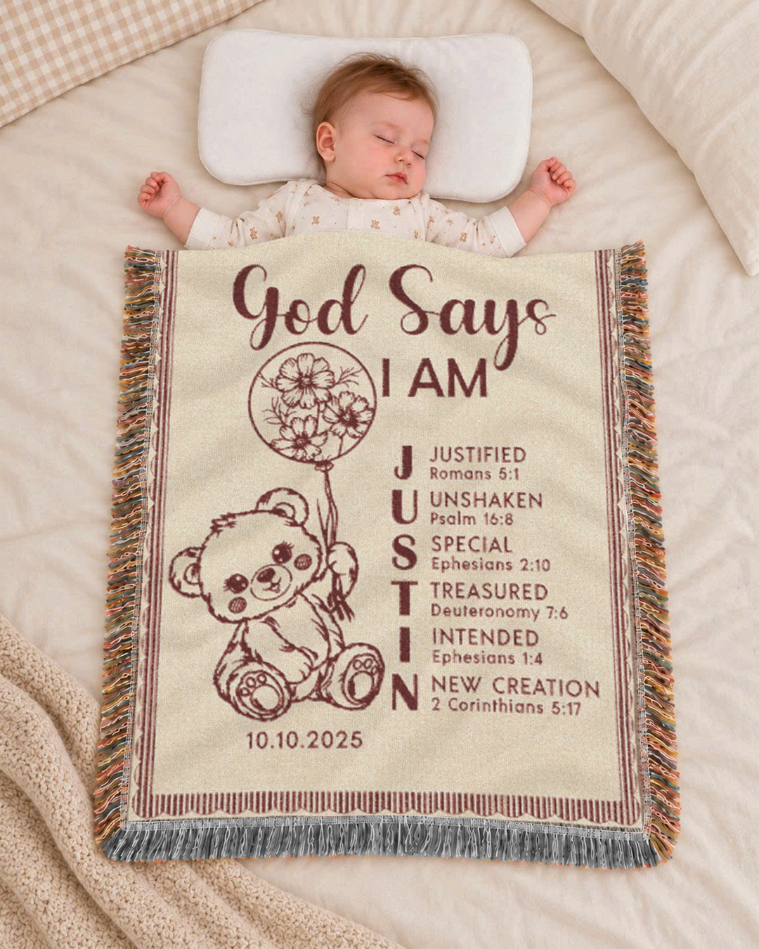 Personalized God Says I Am Teddy Bear Birth Flower Woven Blanket