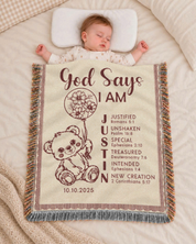 Personalized God Says I Am Teddy Bear Birth Flower Woven Blanket