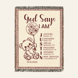 Personalized God Says I Am Teddy Bear Birth Flower Woven Blanket