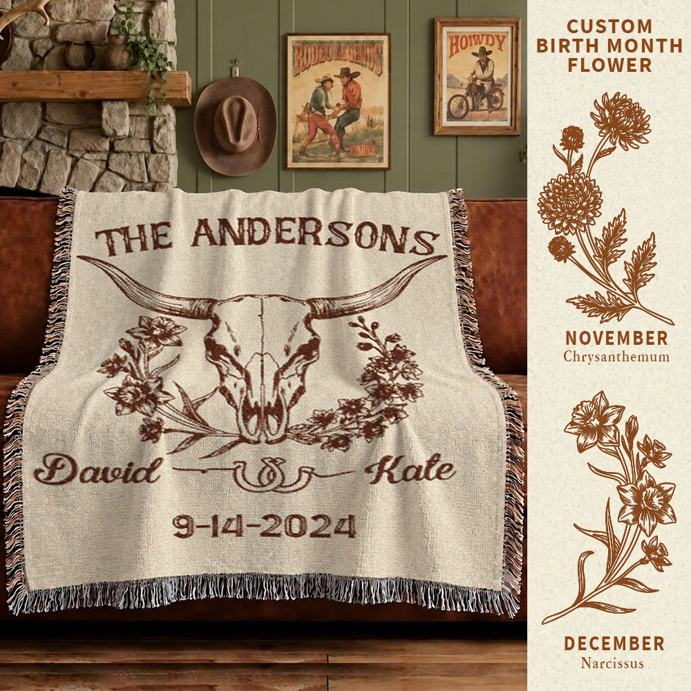 Western Longhorn & Birth Flower Design For Couples - Personalized Woven Blanket