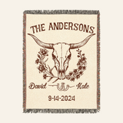 Western Longhorn & Birth Flower Design For Couples - Personalized Woven Blanket