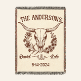 Western Longhorn & Birth Flower Design For Couples - Personalized Woven Blanket
