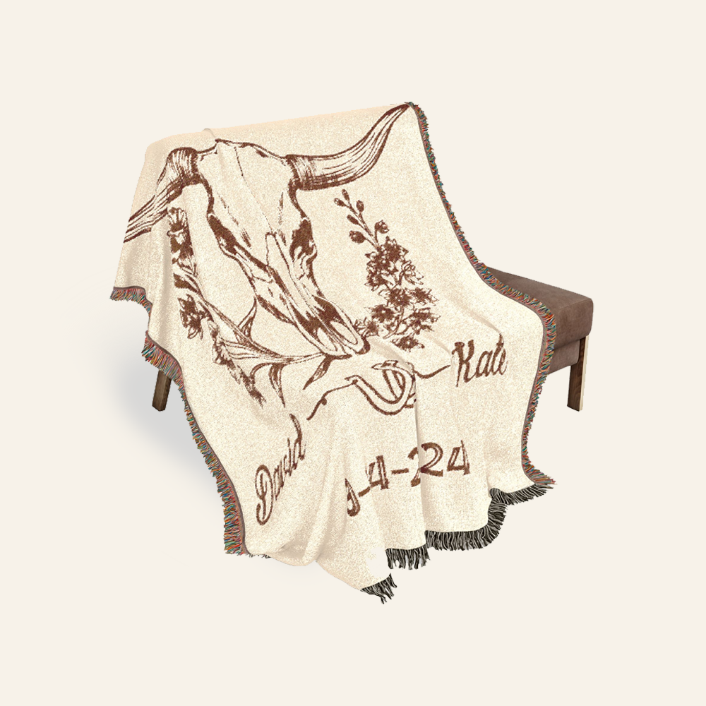 Western Longhorn & Birth Flower Design For Couples - Personalized Woven Blanket