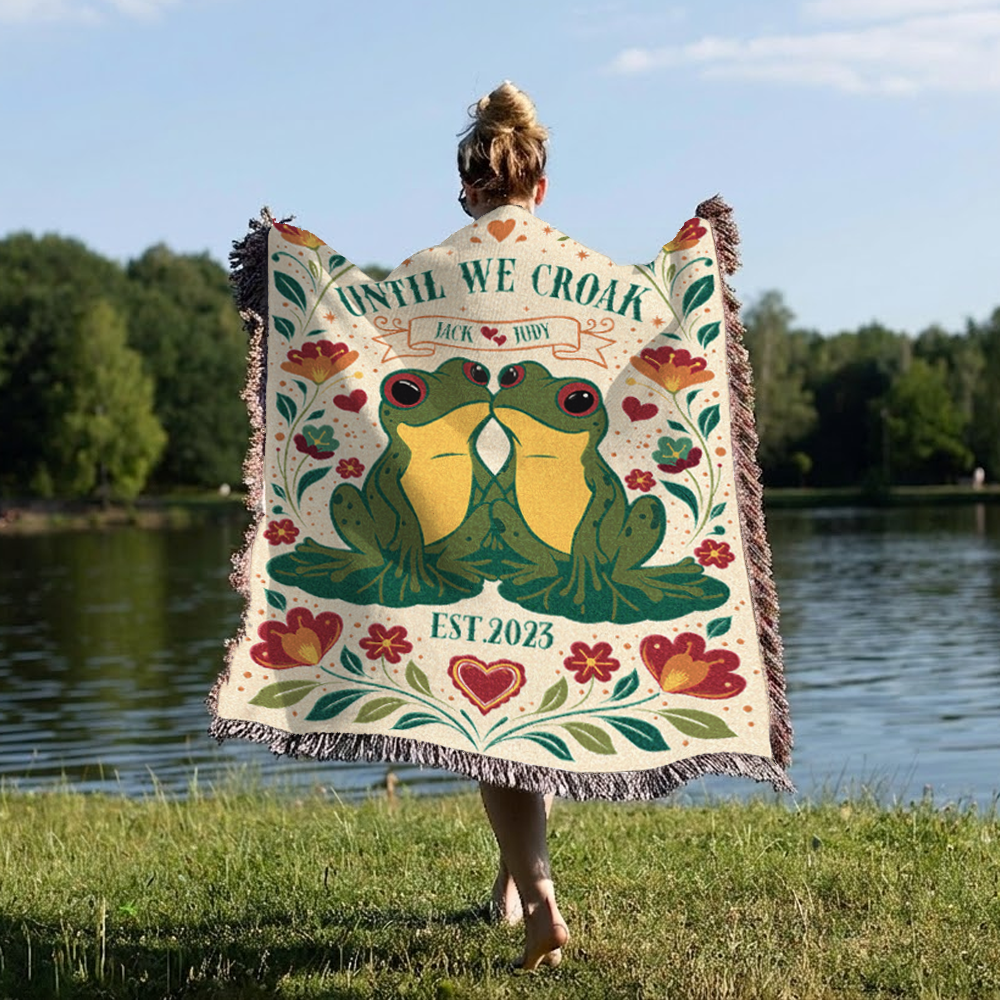 Personalized Couple Frog Croak White Woven Blanket
