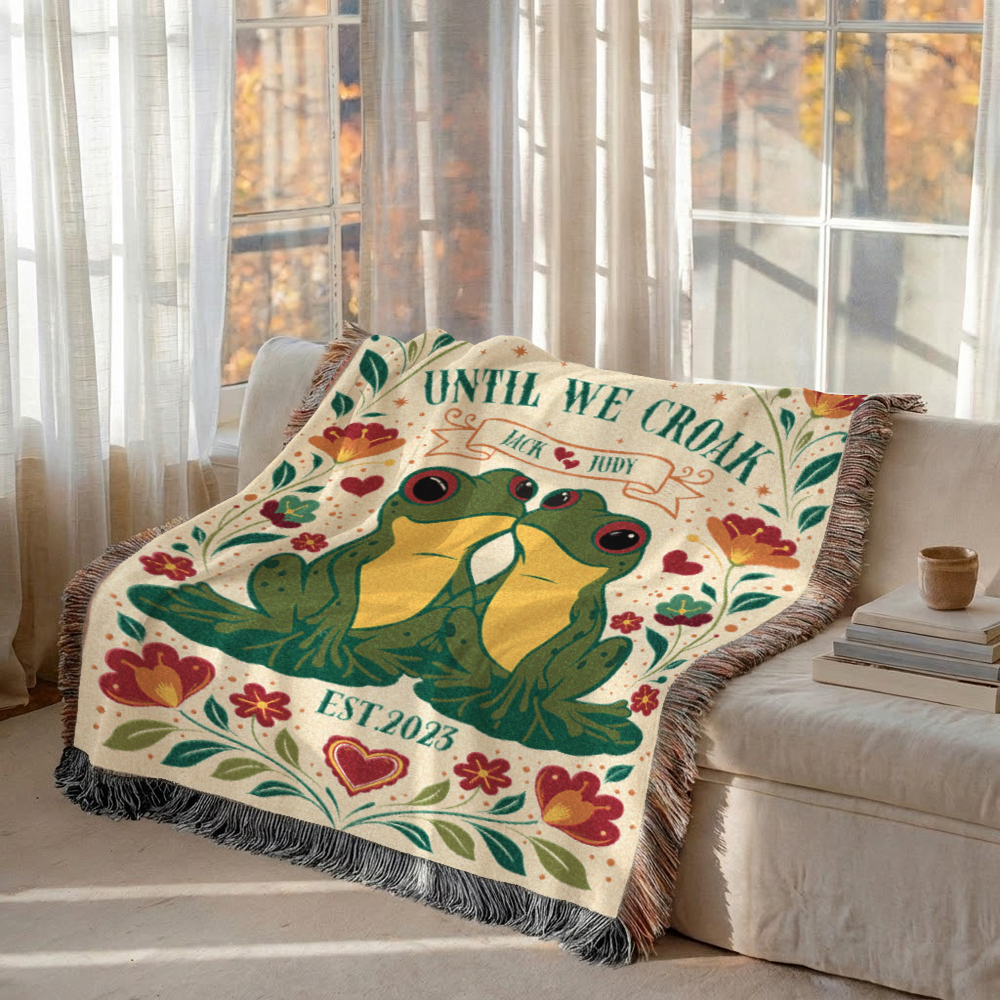 Personalized Couple Frog Croak White Woven Blanket