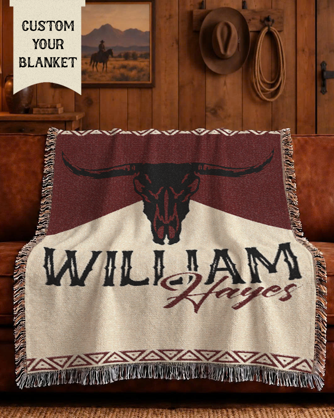 Personalized Longhorn Cowboy Western Red Woven Blanket