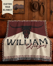 Personalized Longhorn Cowboy Western Red Woven Blanket