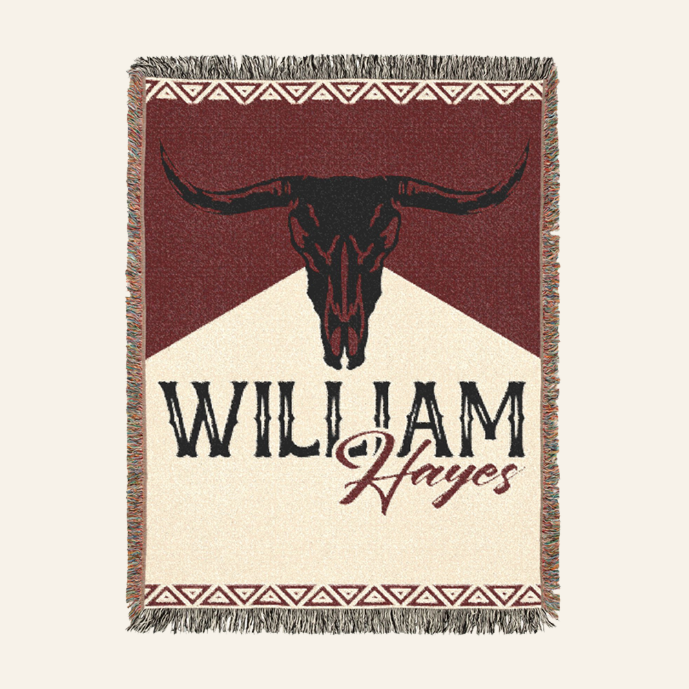 Personalized Longhorn Cowboy Western Red Woven Blanket