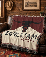 Personalized Longhorn Cowboy Western Red Woven Blanket
