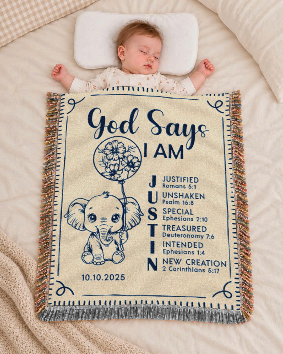 Personalized Elephant Birth Flower Scripture Baby Woven Blanket