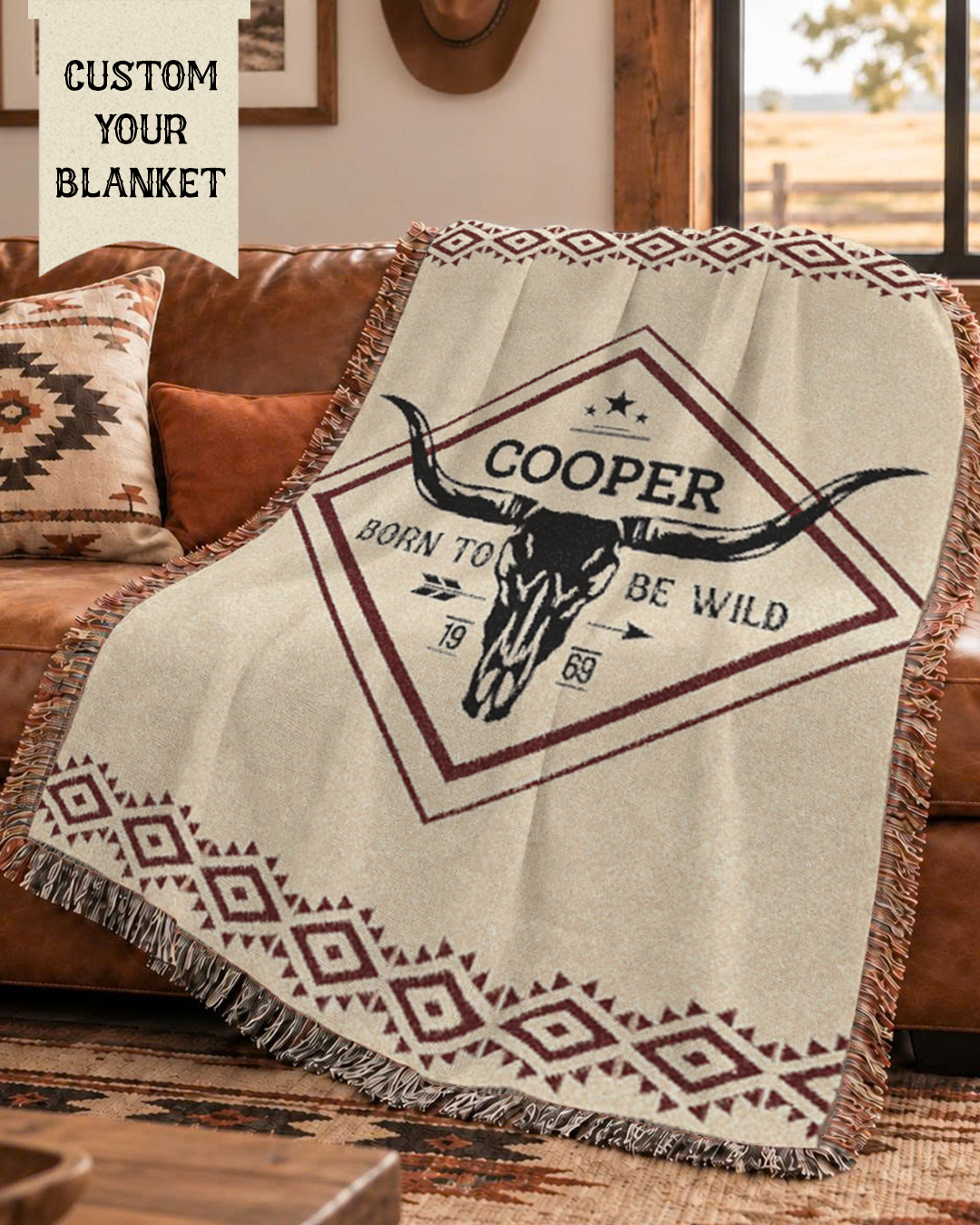 Personalized Born To Be Wild Longhorn Woven Blanket