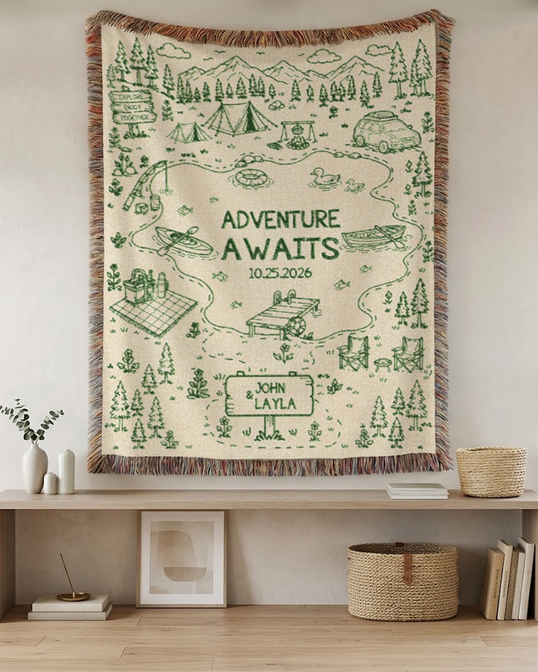 Personalized Anniversary Couple Gift Adventure Lake Woven Blanket