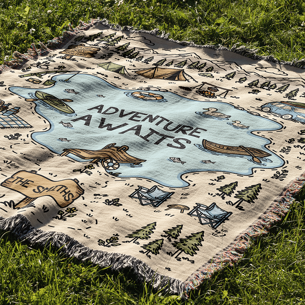 Personalized Adventure Lake Camping Woven Blanket