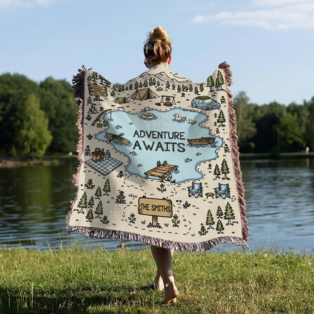Personalized Adventure Lake Camping Woven Blanket