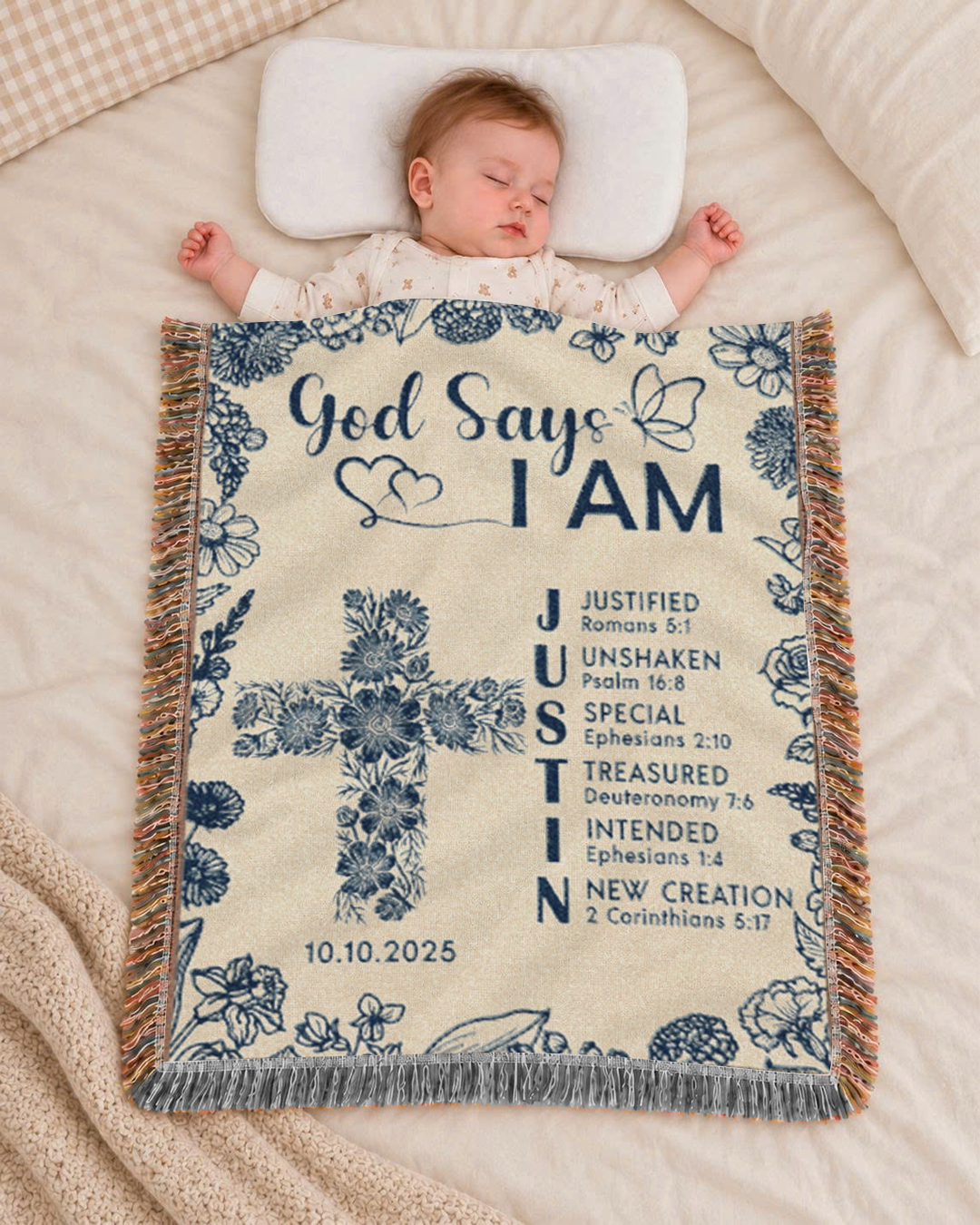 Personalized God Says I Am Cross Baby Toile Blue Woven Blanket