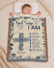 Personalized God Says I Am Cross Baby Toile Blue Woven Blanket