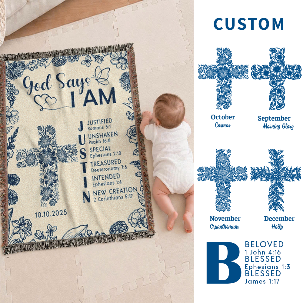 Personalized God Says I Am Cross Baby Toile Blue Woven Blanket