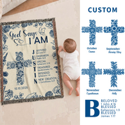 Personalized God Says I Am Cross Baby Toile Blue Woven Blanket