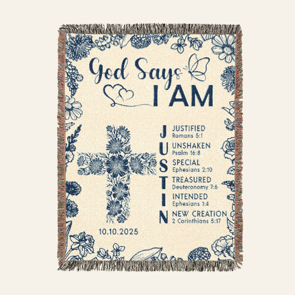 Personalized God Says I Am Cross Baby Toile Blue Woven Blanket