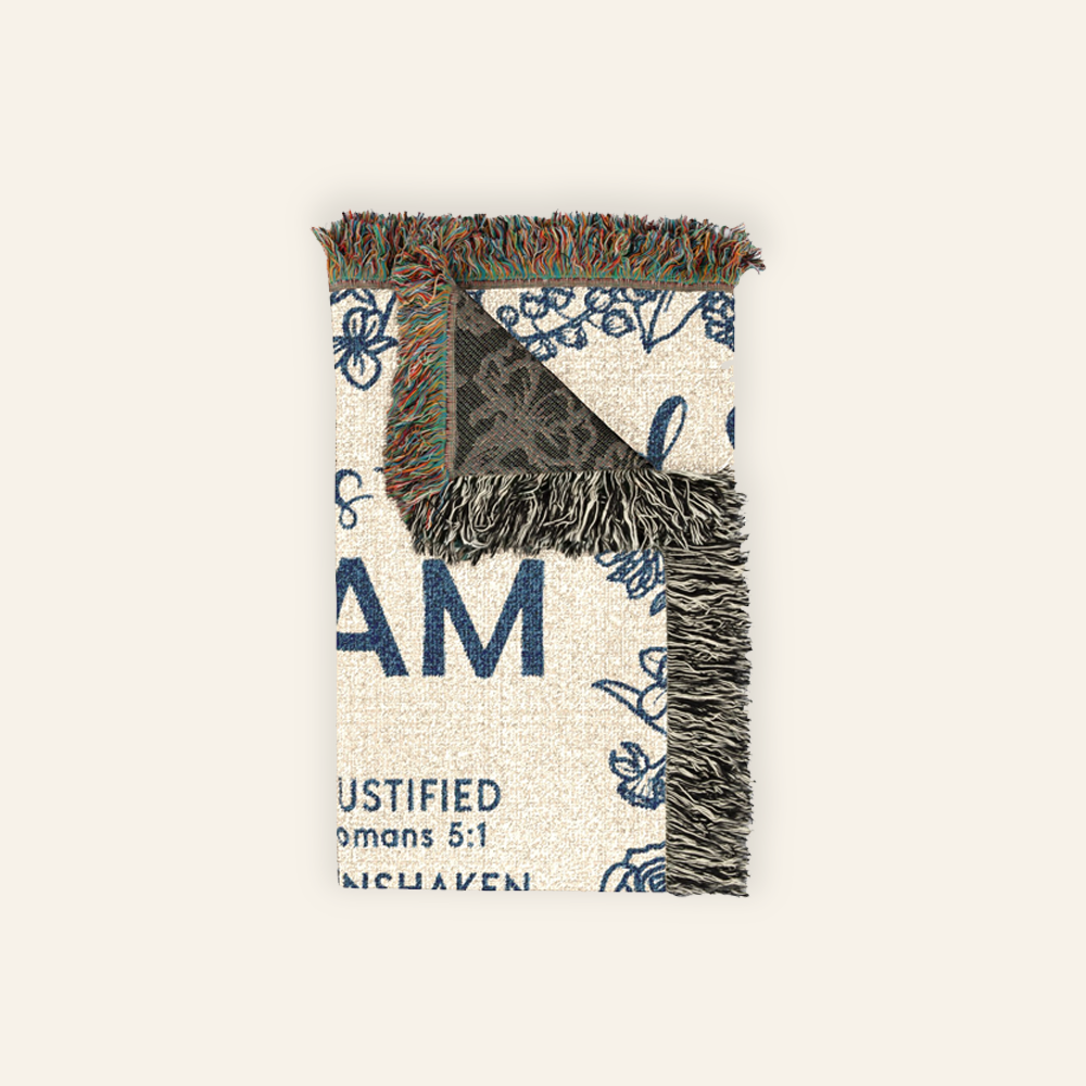 Personalized God Says I Am Cross Baby Toile Blue Woven Blanket
