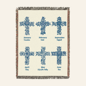 Personalized Birth Flower Cross Baby Girl Blue Toile Woven Blanket