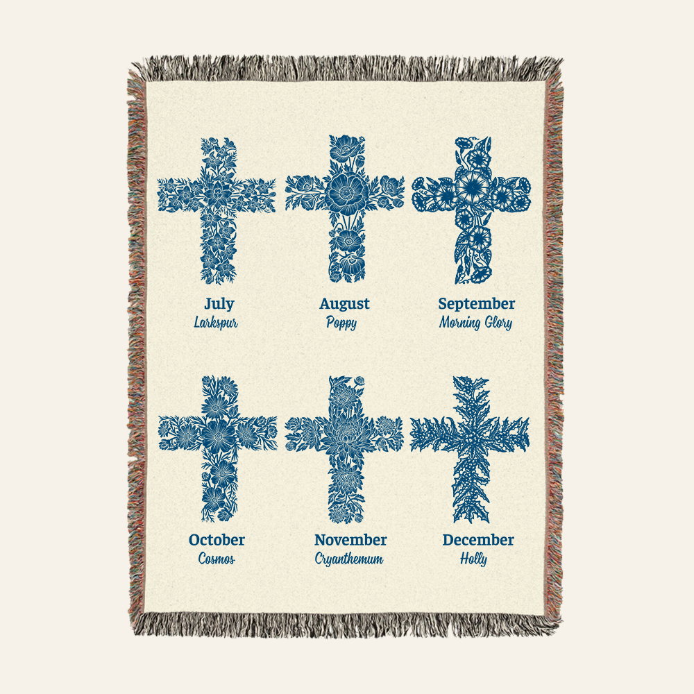 Personalized Birth Flower Cross Baby Girl Blue Toile Woven Blanket