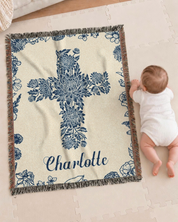 Personalized Birth Flower Cross Baby Girl Blue Toile Woven Blanket