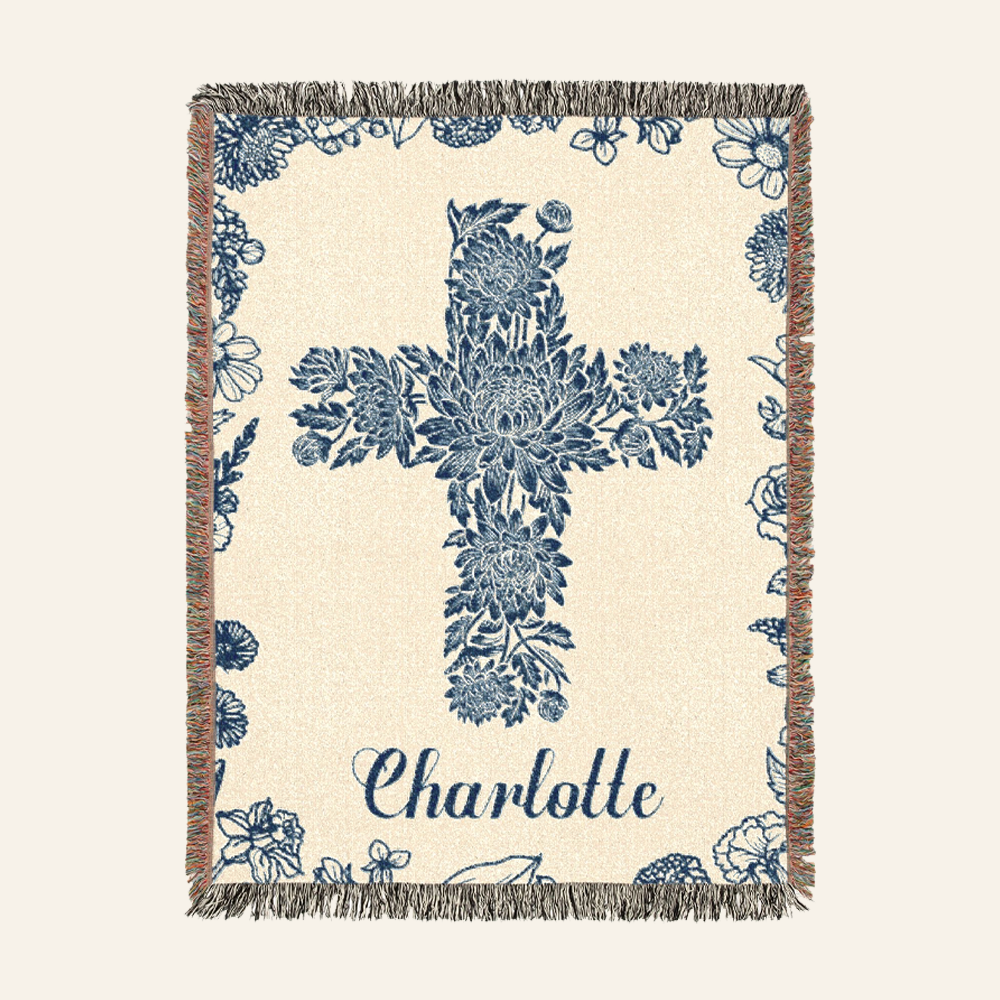 Personalized Birth Flower Cross Baby Girl Blue Toile Woven Blanket