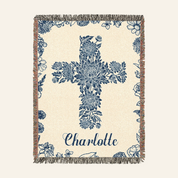 Personalized Birth Flower Cross Baby Girl Blue Toile Woven Blanket