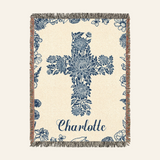 Personalized Birth Flower Cross Baby Girl Blue Toile Woven Blanket