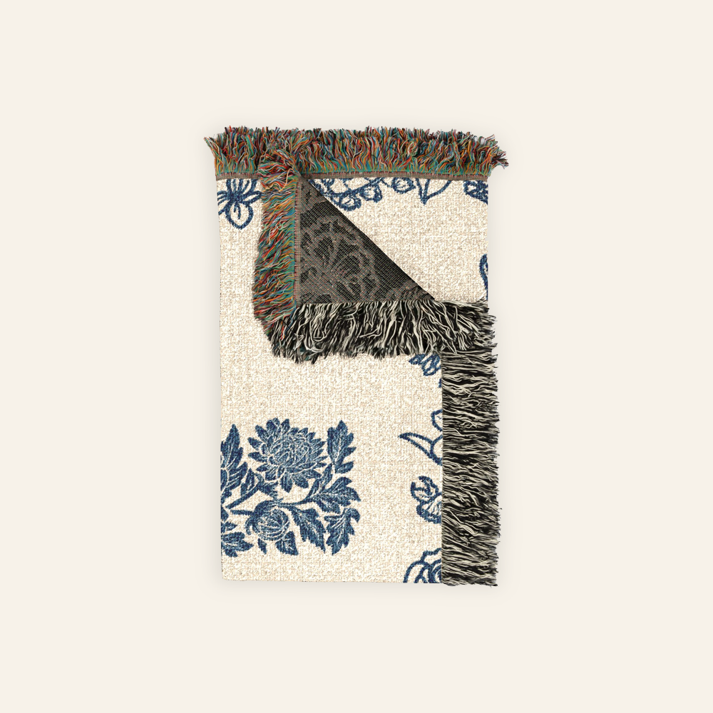 Personalized Birth Flower Cross Baby Girl Blue Toile Woven Blanket
