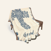 Personalized Birth Flower Cross Baby Girl Blue Toile Woven Blanket