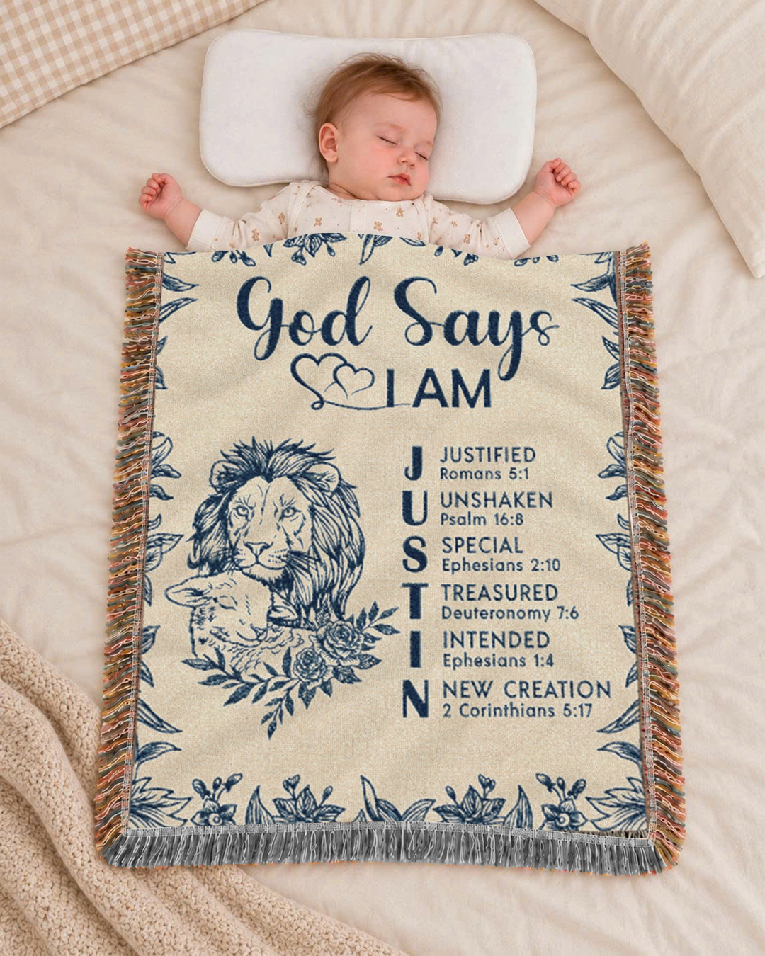 Personalized God Says I Am Lion & Lamb Scripture Woven Blanket