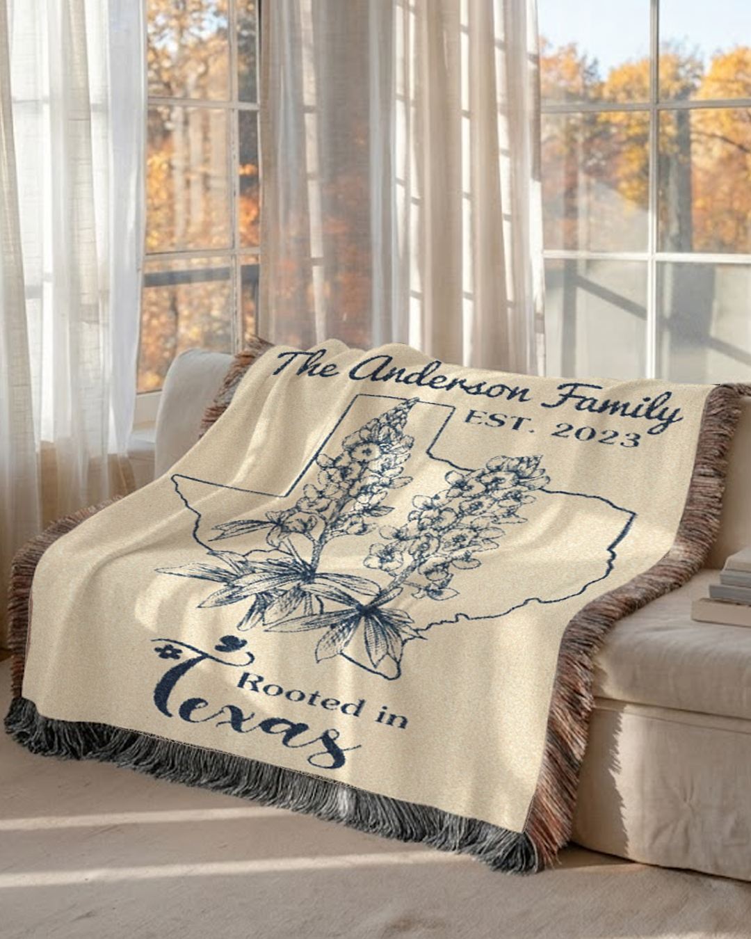 Personalized Family Name & State Flower Woven Blanket