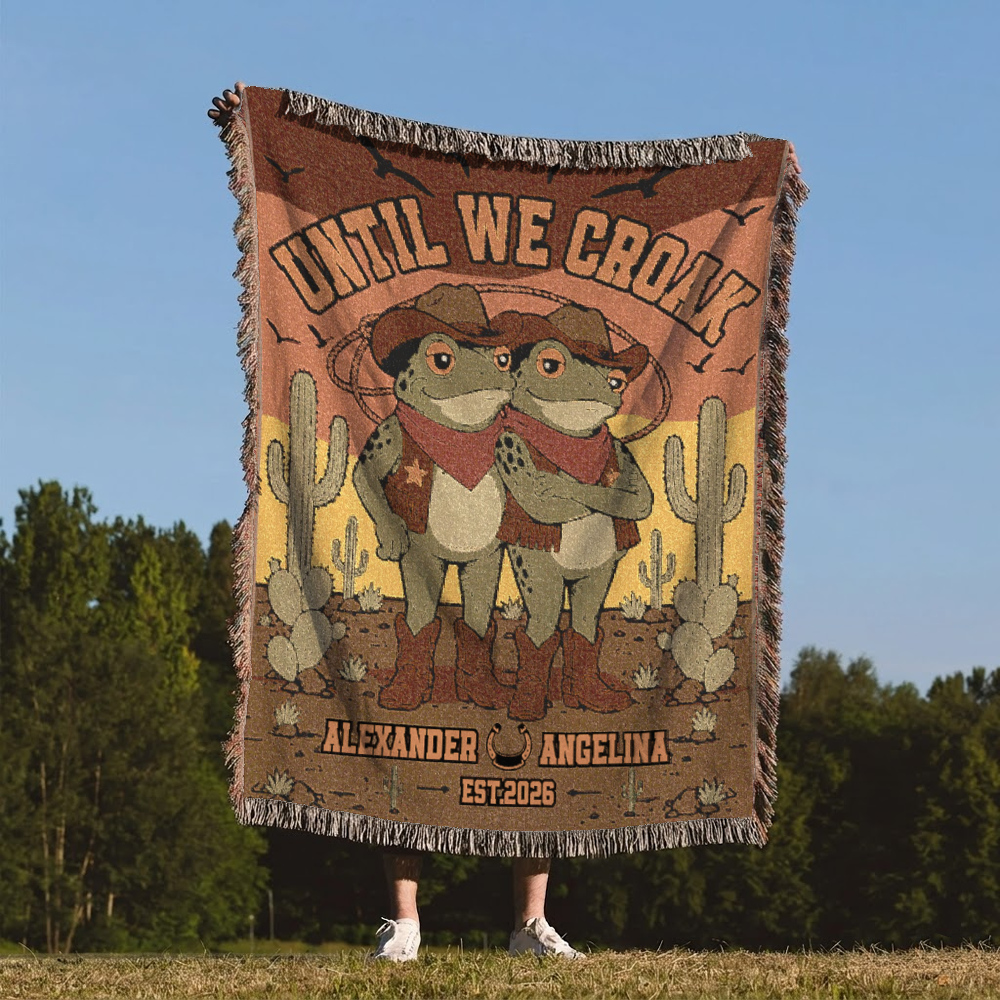 Personalized Couple Western Frog Cowboy Woven Blanket