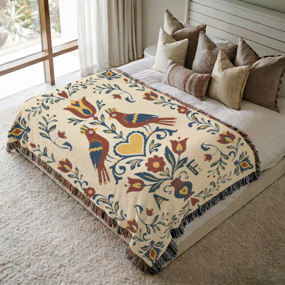 Personalized Folk Art Lovebirds White Woven Blanket