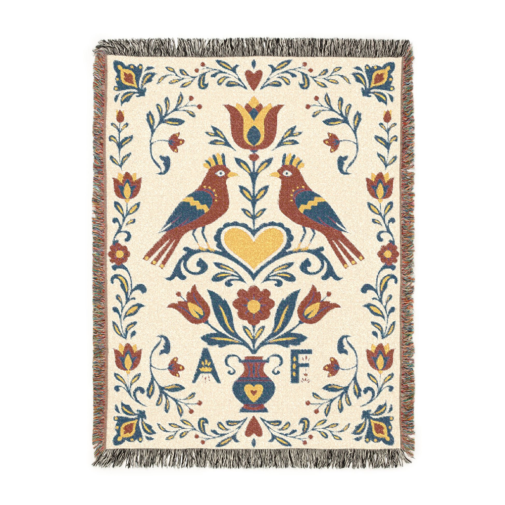 Personalized Folk Art Lovebirds White Woven Blanket