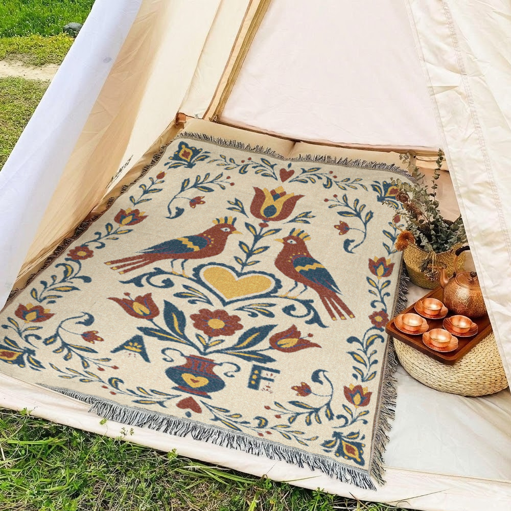 Personalized Folk Art Lovebirds White Woven Blanket