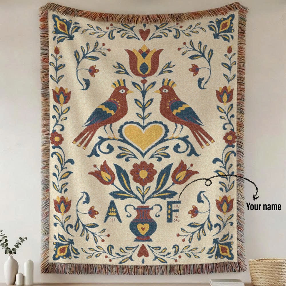 Personalized Folk Art Lovebirds White Woven Blanket