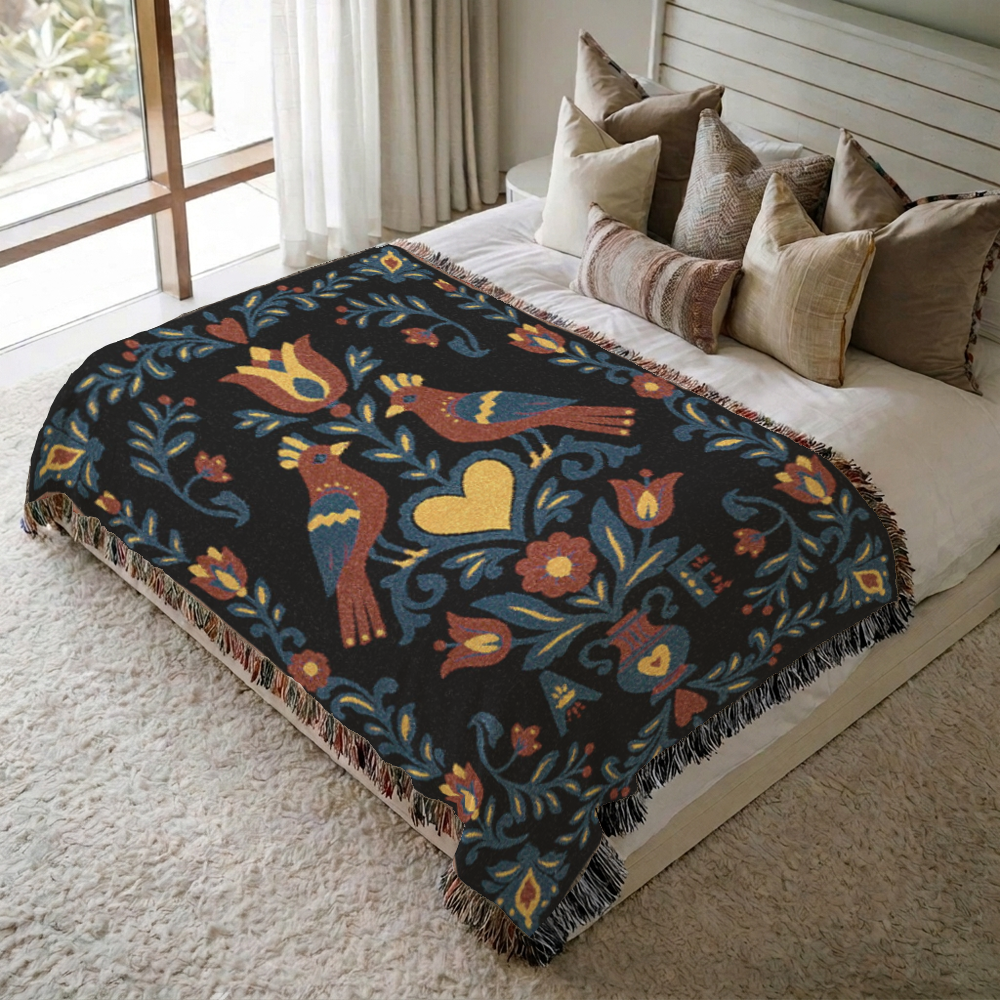Personalized Folk Art Lovebirds Black Woven Blanket