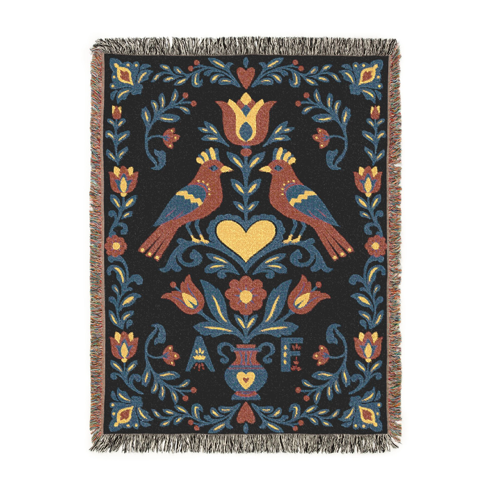 Personalized Folk Art Lovebirds Black Woven Blanket