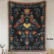 Personalized Folk Art Lovebirds Black Woven Blanket
