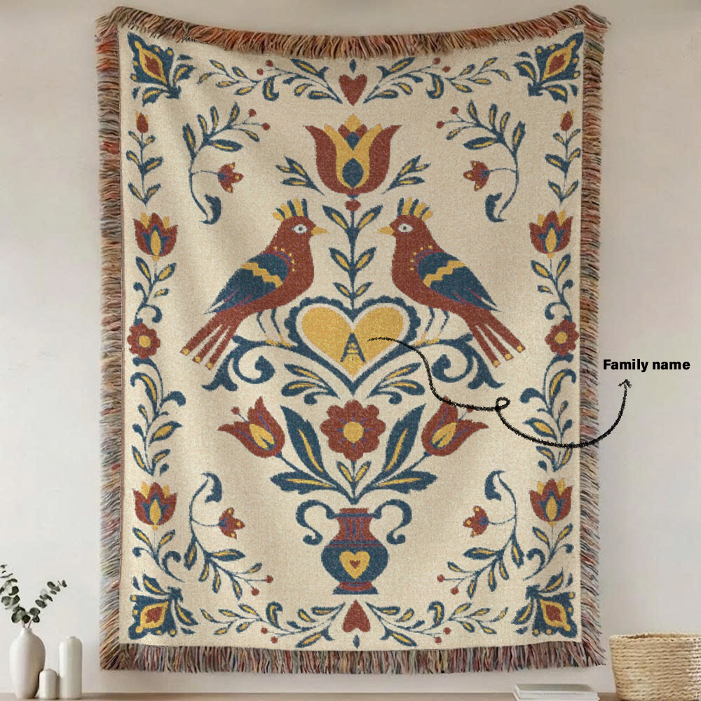 Personalized Folk Art  Family White Woven Blanket