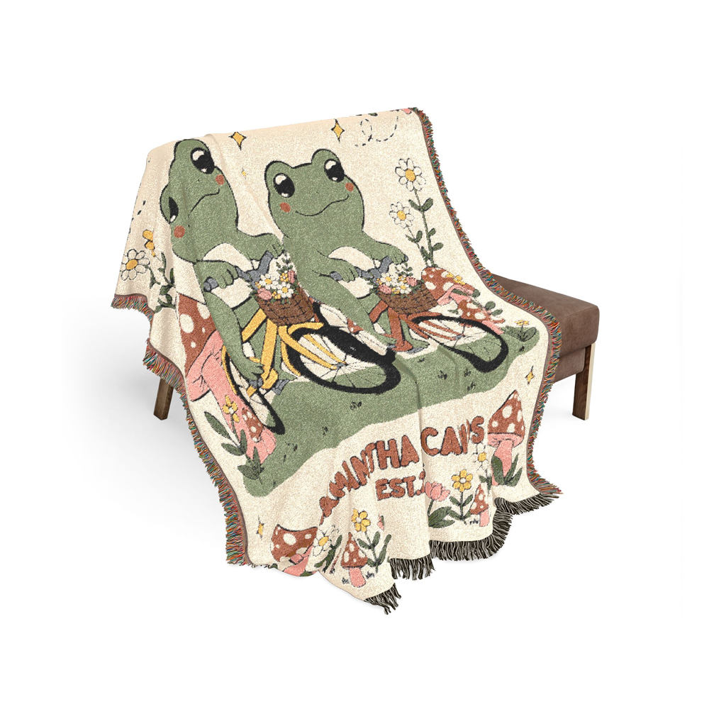 Personalized Frog Bicycle Couple Woven Blanket